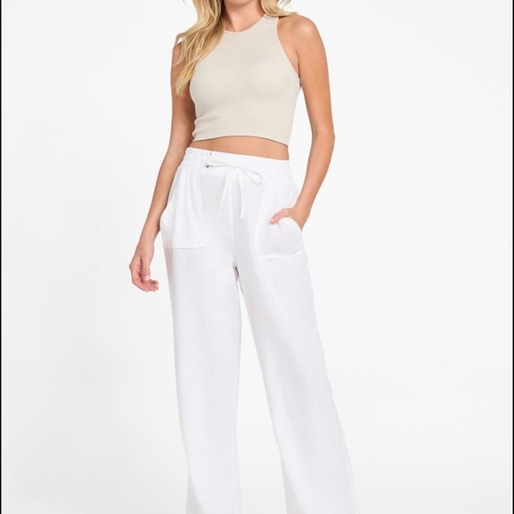 Guess Pants - Guess White Wide-Leg Drawstring Cargo Pants